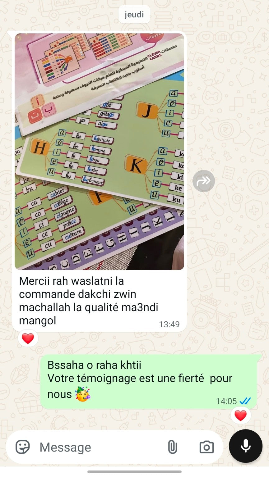 Avis WhatsApp d’une cliente Clever Cards sur la réception et la qualité des cartes éducatives